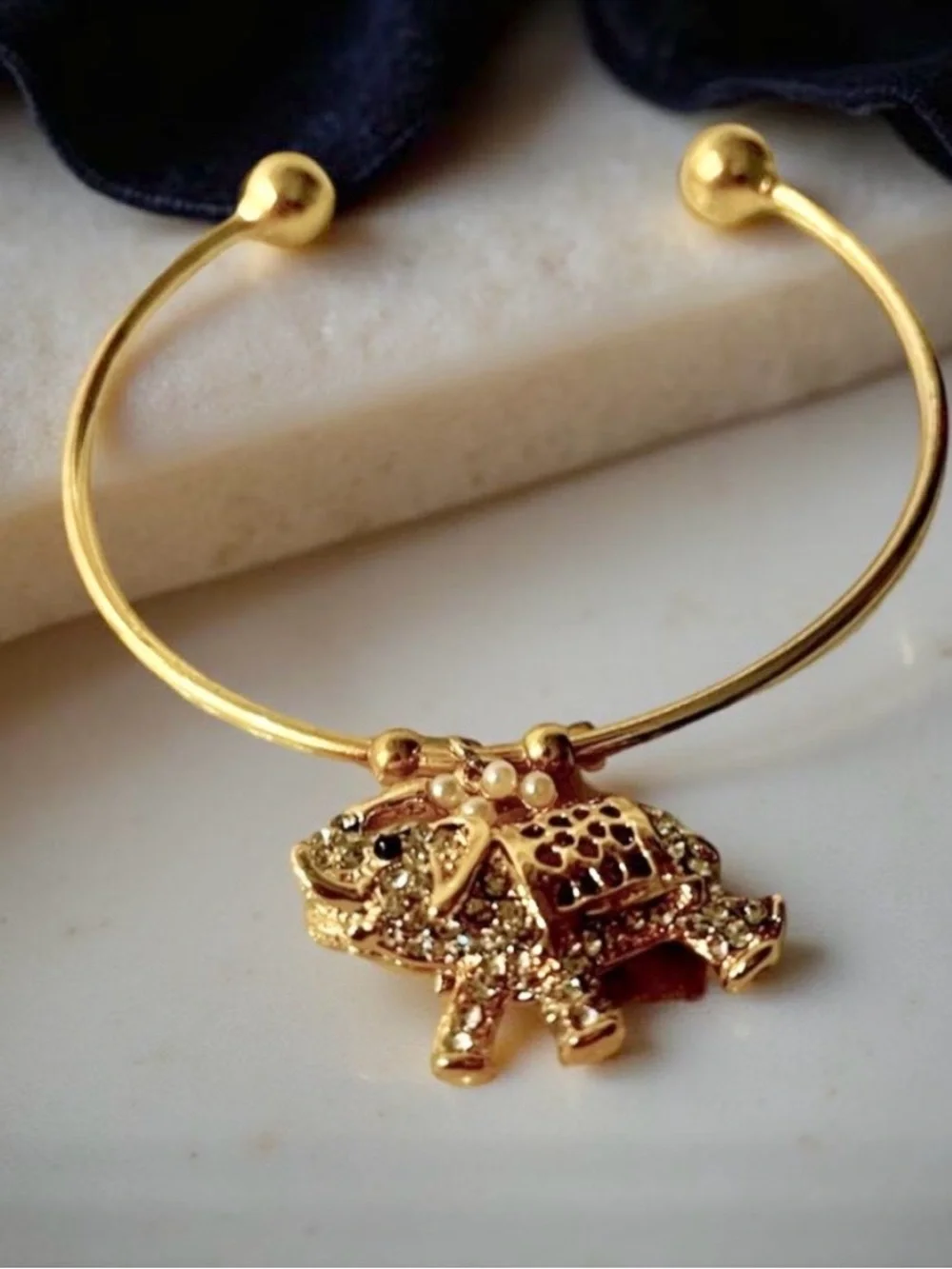 Elephant Charm Gold Tone Cuff Bracelet Rhinestone Pearl Adjustable